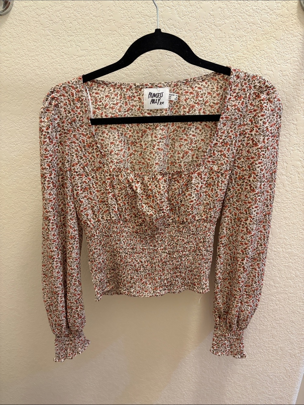 Princess Polly Cream Rust Floral Smocked Puff Sleeve Top